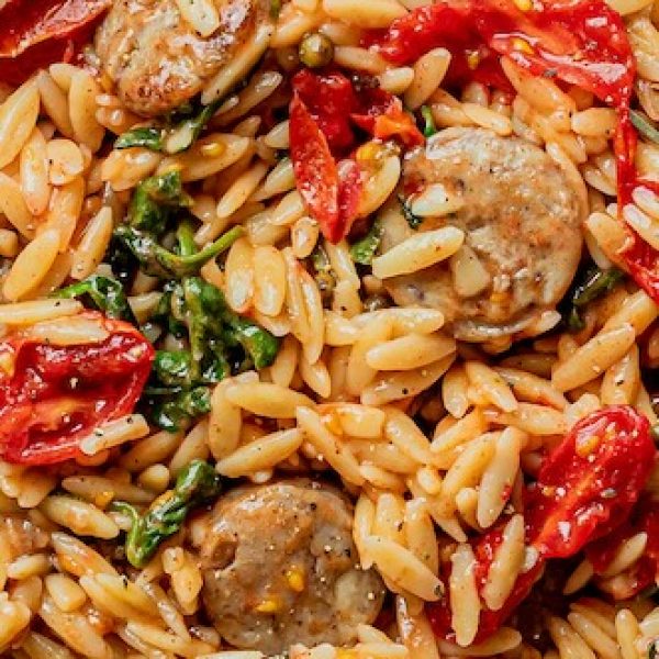 My version of Elizabeth Rider’s One Pot Chicken Sausage Orzo Recipe.